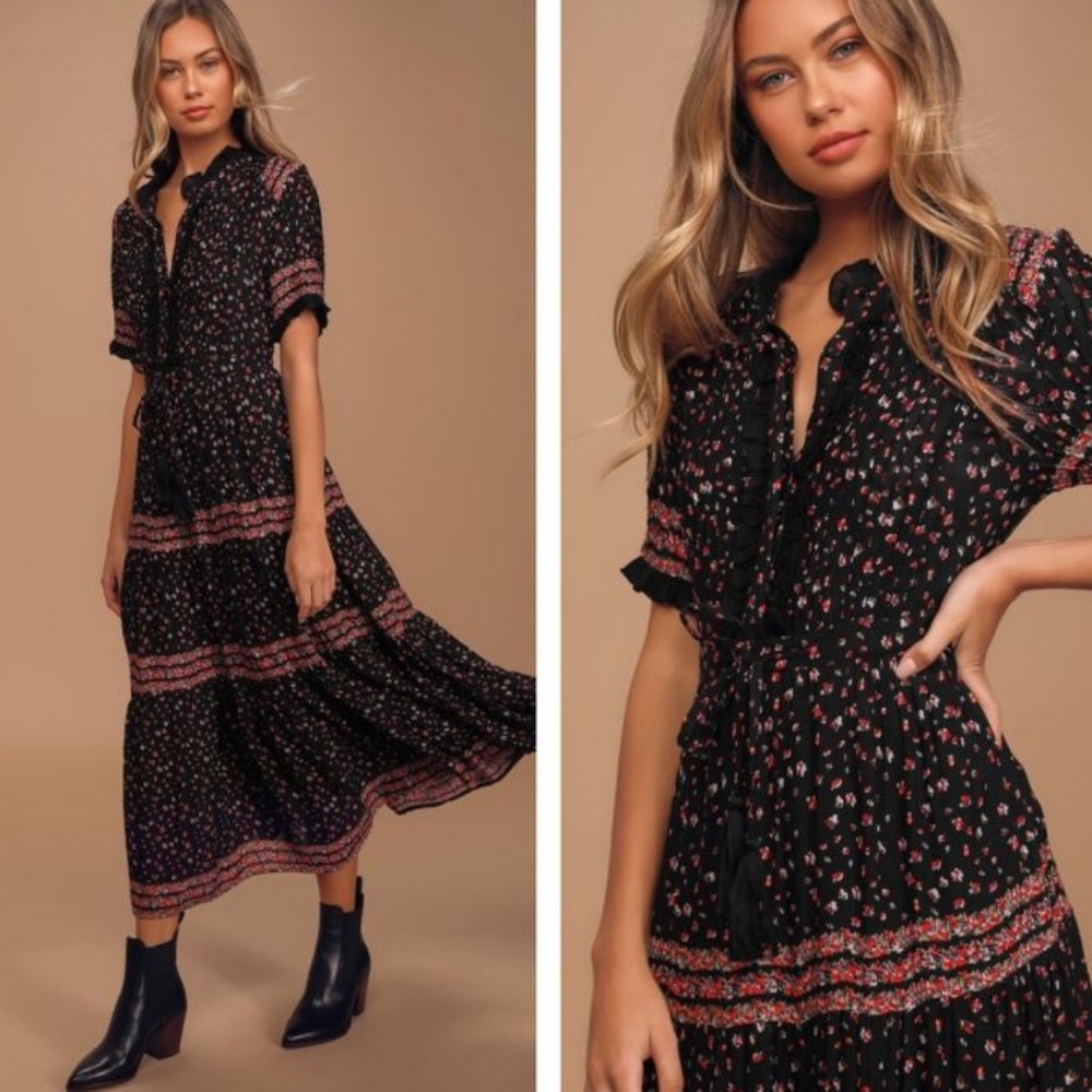 Free People Rare Feeling Black Combo Maxi Dress Large